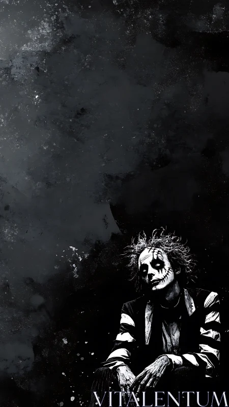 Haunted jester resting quietly in a midnight dreamscape.