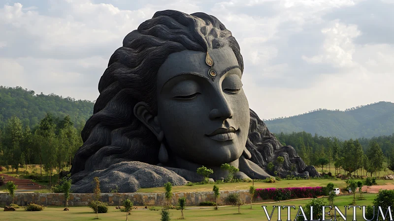 Colossal serene stone face dreaming across emerald hills.