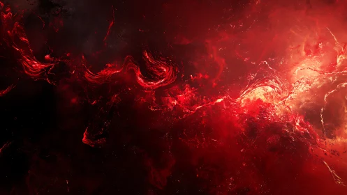 Volatile crimson nebula flows through deep cosmic void