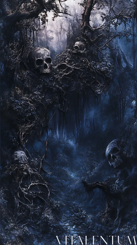 Midnight skull forest where tangled roots whisper secrets.