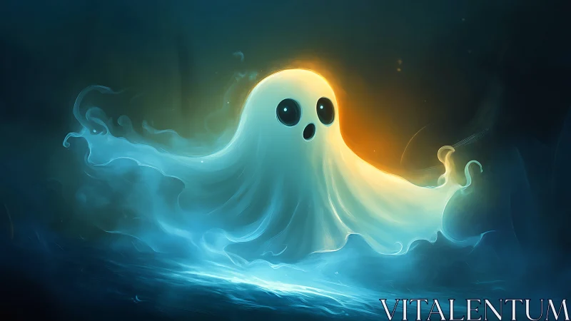 Glow-edged cartoon ghost floats over misty blue ground