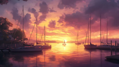 Sunset harbor with moored sailboats in calm water scene.