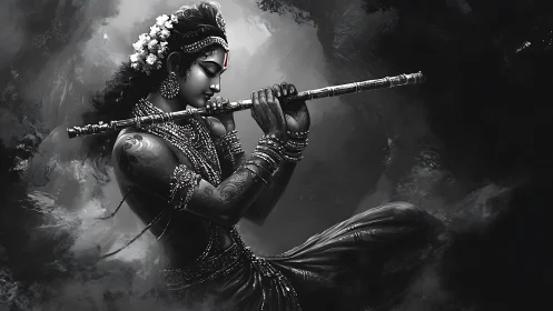 Monochrome divine musician rendered in detailed digital chiaroscuro