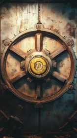 Heavily weathered circular vault door with radial locking wheel