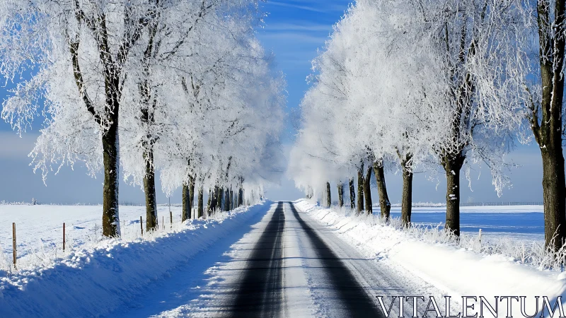 Linear winter roadway perspective with frost laden deciduous trees