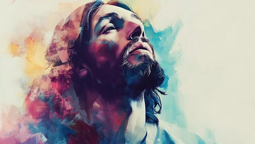 Bearded man gazing upward in abstract colorful portrait.