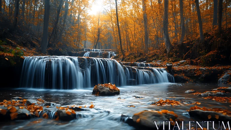 Gentle forest waterfall wrapped in glowing autumn light.