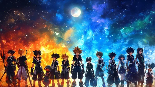 Lineup of fantasy warriors before split cosmic sky.