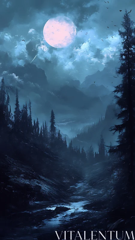 Nocturnal alpine valley under overcast moonlit atmospheric scattering