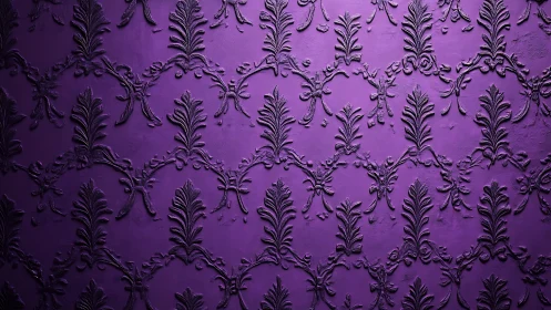 Embossed purple damask wall shows repeating floral relief pattern