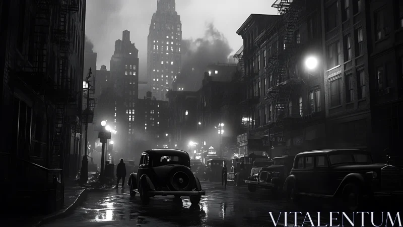 Noir-style city street scene depicts vintage cars in rain