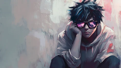 Moody youth in reflective glasses rendered with textured brushwork