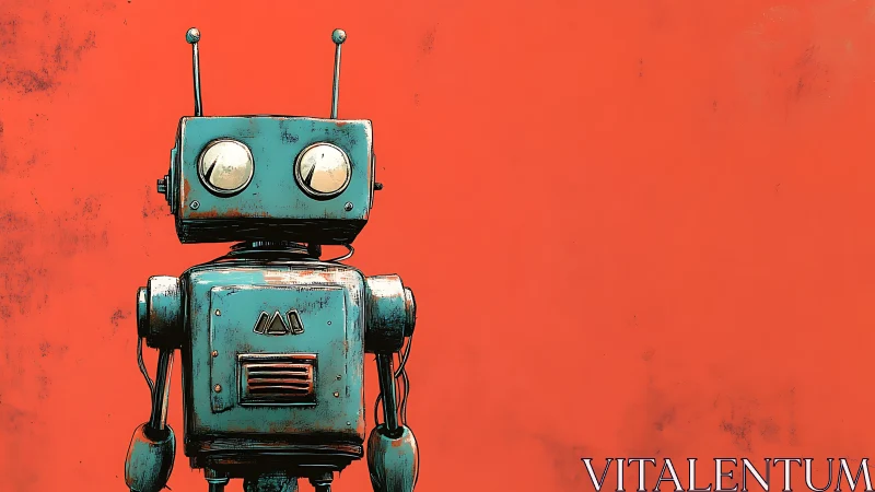 Weathered teal box robot on distressed orange backdrop