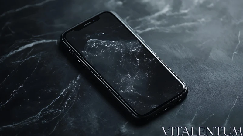 Black Smartphone Display with Fractured Screen on Dark Marble Surface