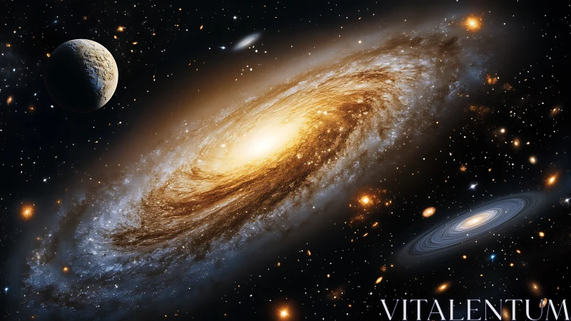 Golden spiral galaxy and quiet planets in deep space.