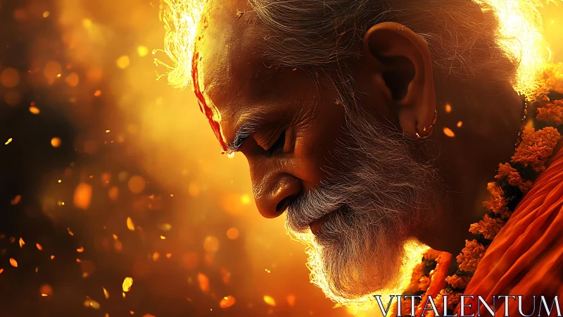 Elderly man in profile amid warm glowing particles.