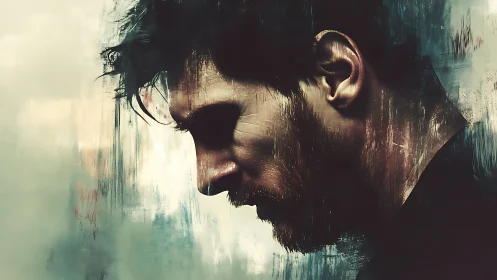 Brooding male profile dissolves into textured abstraction.