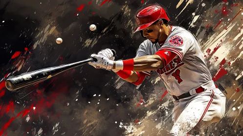 Baseball batter swinging bat with abstract splatter backdrop.