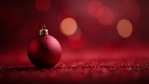 Glistening red ornament rests softly in warm holiday glow