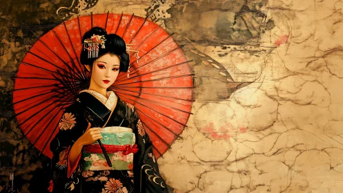 Geisha in black kimono with red umbrella on vintage mural