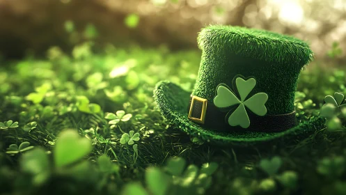 Textured leprechaun hat rests on clover field in shallow depth