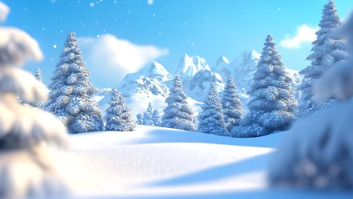 Peaceful snowy pines resting beneath bright winter mountains.