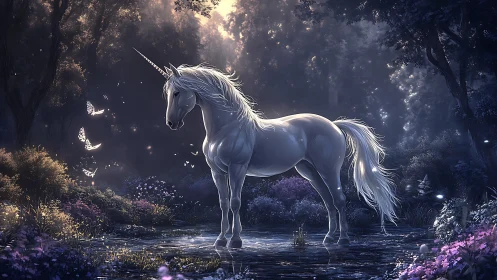 Luminous unicorn in bioluminescent woodland pool at twilight.