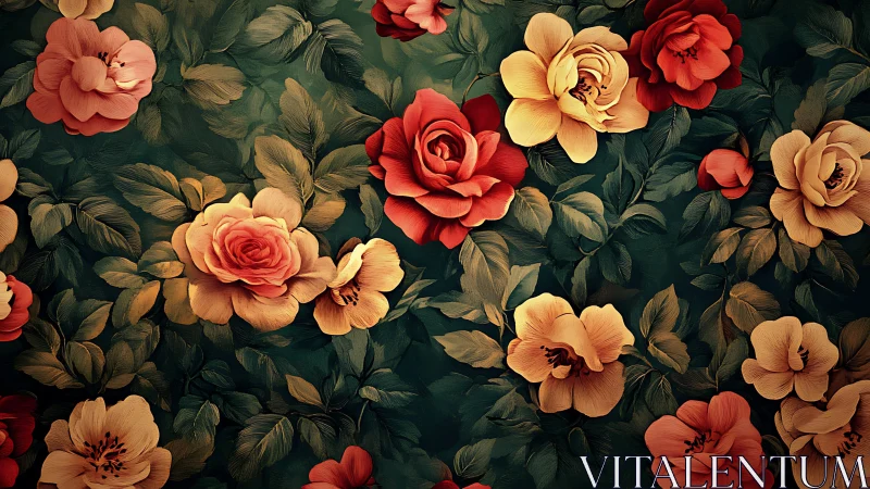 Romantic garden blooms in warm coral, gold, and deep green tones