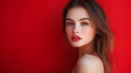 Digital female portrait against plain red studio background.