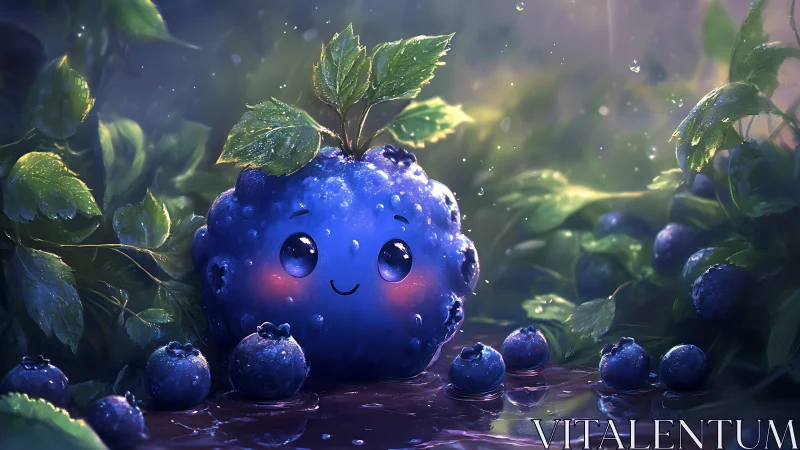 Anthropomorphic blueberry cluster sits among wet foliage