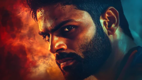 Intense bearded man portrait in cinematic firelight glow.