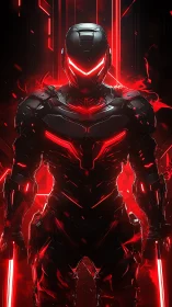 Armored humanoid figure with red illuminated exosuit details.