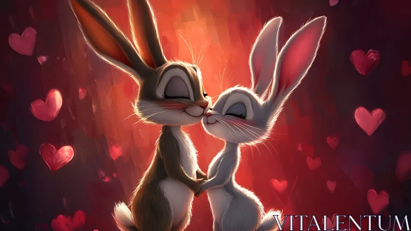 Romantic cartoon bunnies share a tender kiss in hearts.