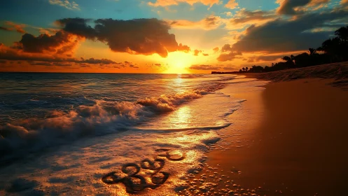 Sunset over shoreline with surf and sand inscription.