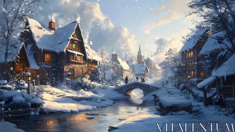 Snow-covered village bridge glows under warm winter sunset