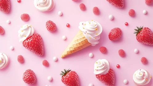 Strawberry ice cream cone rests among glossy berries on pink