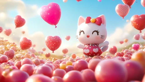Whimsical Cat Character Surrounded by Heart-Shaped Balloons in Sky.