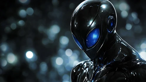 Sleek black alien android glows with vivid electric eyes.