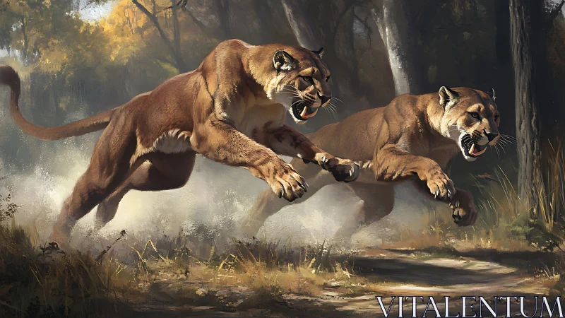 Predatory Ambush: Oil Painting Study of Mountain Lions in Dynamic Motion.