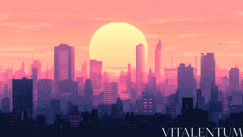 Neon pixel skyline under oversized pastel sun at dusk.