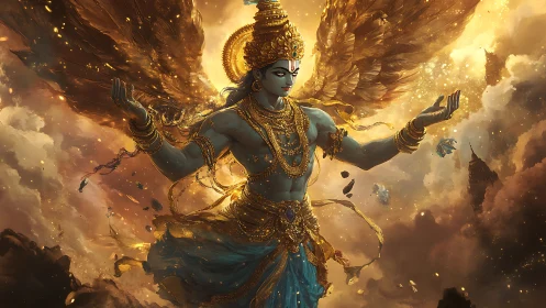 Mythic celestial deity in radiant golden atmospheric digital painting.