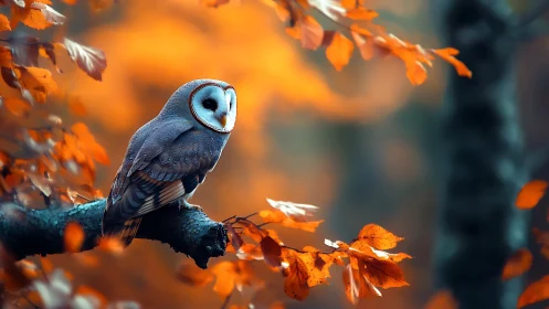 Barn owl perched on branch in vivid autumn forest, dreamy style.