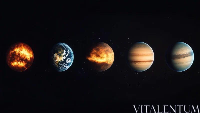 Digital lineup of fiery terrestrial and gas planets in space.