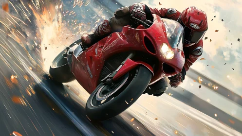 Red superbike carves a blazing trail through city speedway.