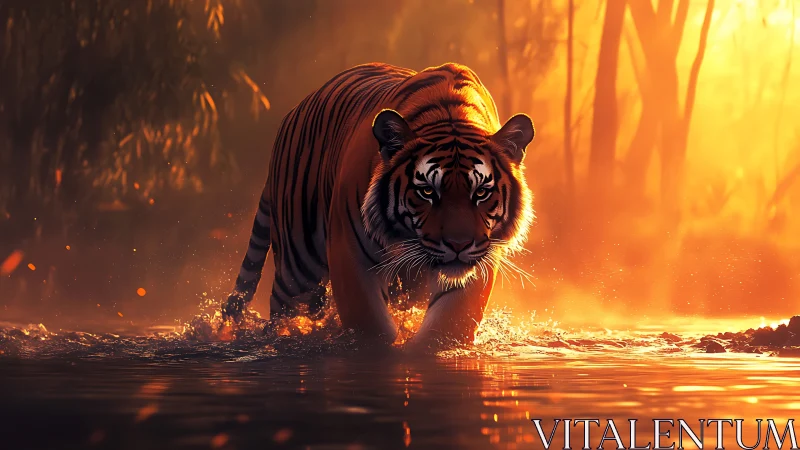 High-dynamic-range tiger stalking through incandescent shallows.