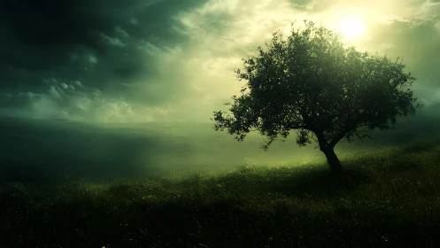 Solitary hillside tree drinking light from a stormy sky.