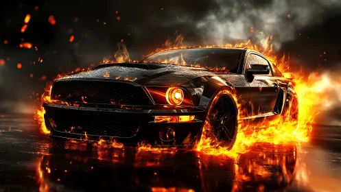 Muscle car engulfed in cinematic flames on wet asphalt.