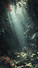 Dense forest interior with crepuscular light rays filtering through canopy