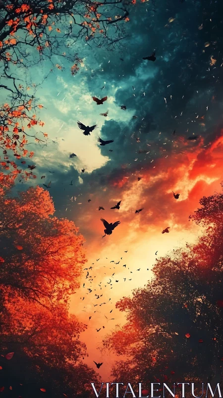 Cinematic autumn canopy with silhouetted birds in luminous sky.