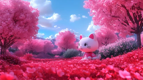 Kawaii cat figurine in saturated pink blossom landscape.